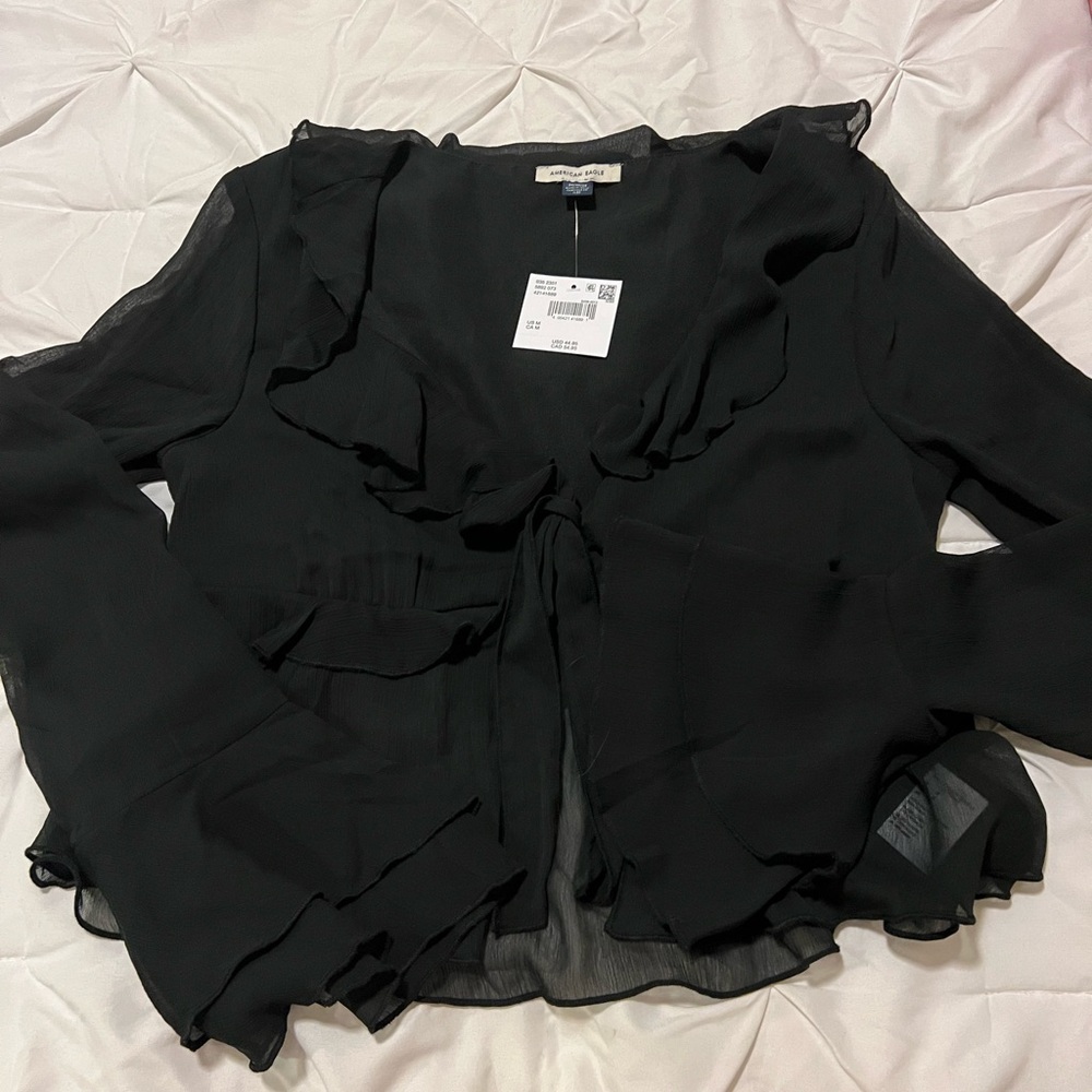 American Eagle Outfitters Black Ruffled Tie Front Blouse